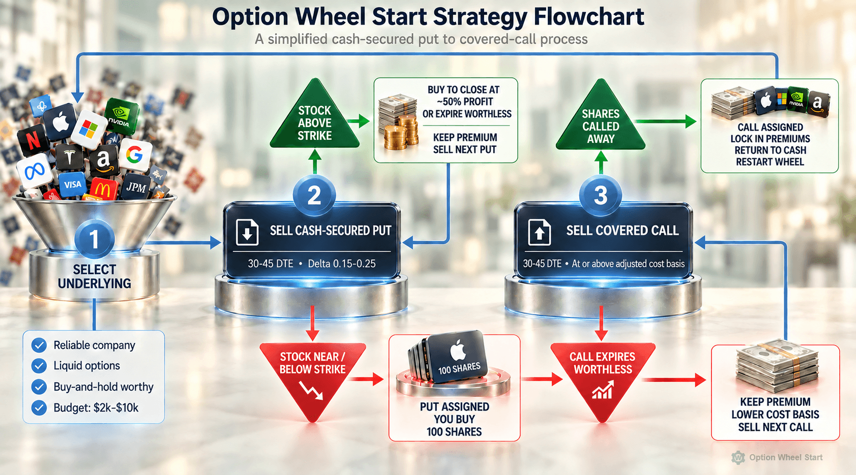 Option Wheel Start strategy flowchart: select an underlying, sell a cash-secured put, buy 100 shares if the put is assigned, then sell a covered call. It shows paths for options that expire worthless and for shares that are called away.