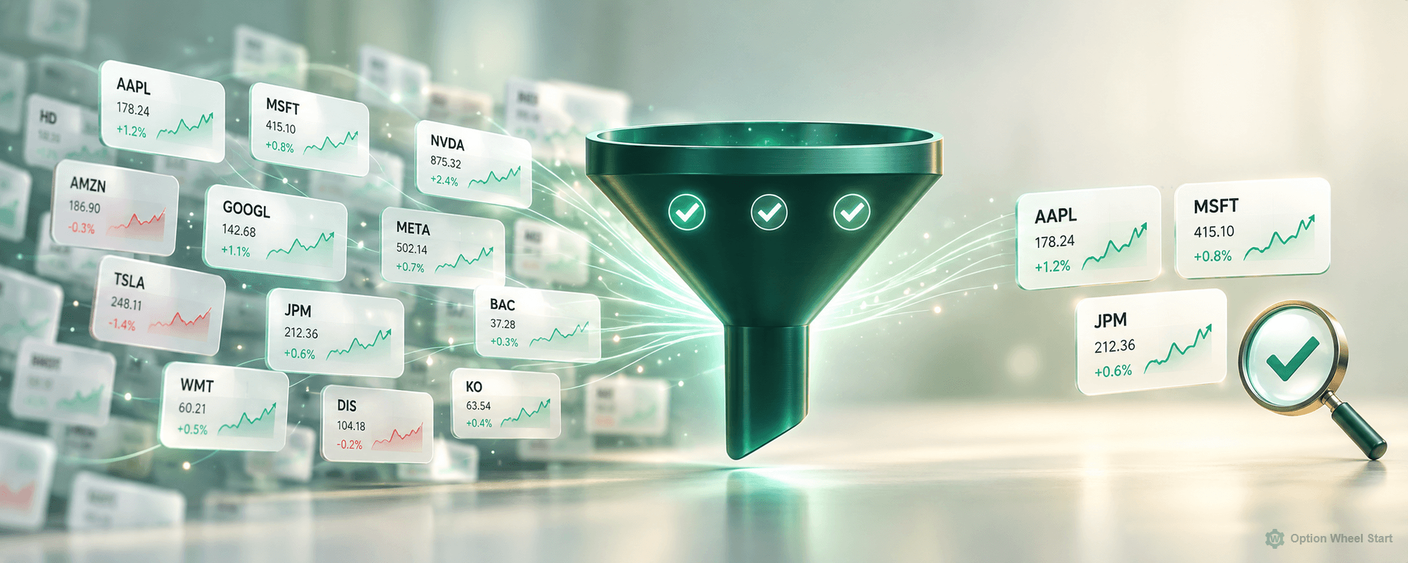 Illustration showing a large set of company cards passing through a filter, leaving a small shortlist for a person to review.